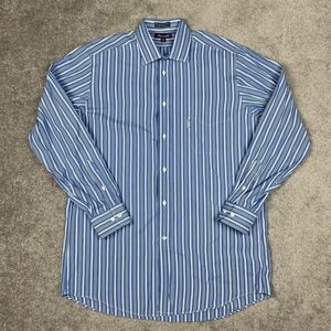 Faconnable Men’s 16L Blue White Striped Casual Button Down Shirt Front Pocket
